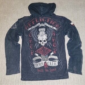 Affliction American Customs Patch Chop Shop Henley Long Sleeve Hood Men's Med